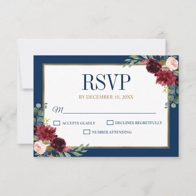 Cartão RSVP Casamento Russo Azul-Dourado Marinho Floral Burgun (Frente)