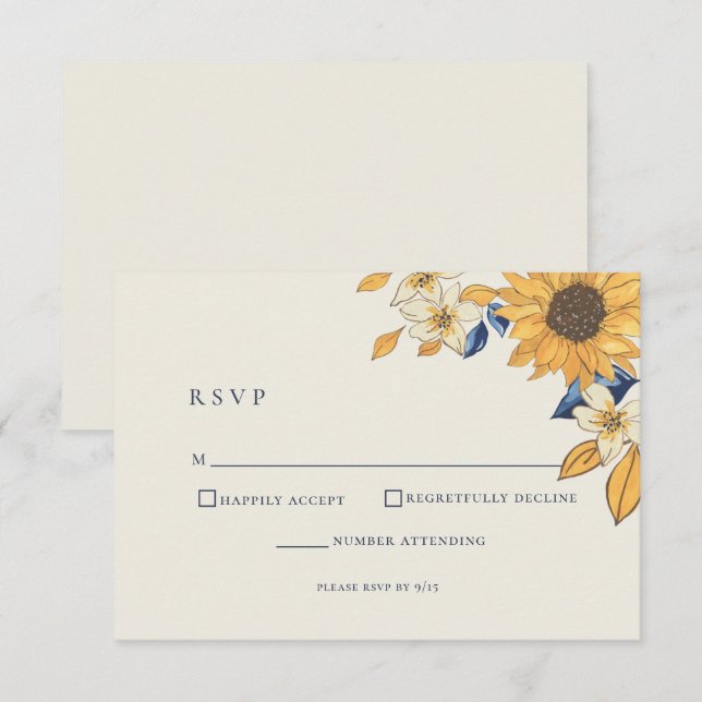 Cartão RSVP Casamento Russo Azul-Girassol Amarelo (Frente/Verso)