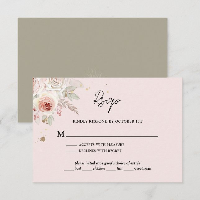 Cartão RSVP Casamento Russo Boho Floral Rosa (Frente/Verso)