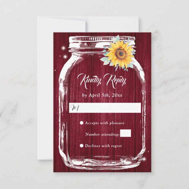 Cartão RSVP Casamento Russo Burgundy Mason Jar Sunflower (Frente)