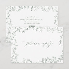 Cartão RSVP Casamento Russo com Folha Verde Sage Código QR