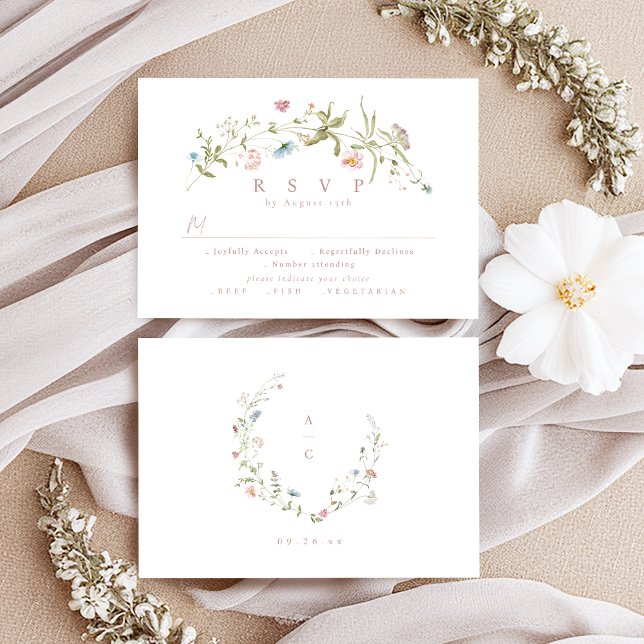 Cartão RSVP Casamento Russo de Boca Rosa Elegante (Elegant Dusty Pink Wildflower Rustic Boho Wedding RSVP Card)