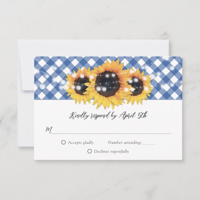 Cartão RSVP Casamento Russo de Girassol Azul Gingham (Frente)