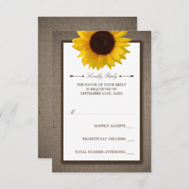 Cartão RSVP Casamento Russo De Girassol E Burlap (Frente/Verso)