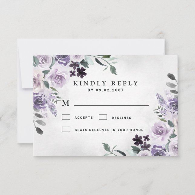 Cartão RSVP Casamento Russo Floral de Dusty Purple e Cinzas Pr (Frente)