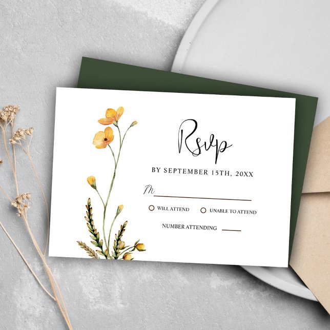 Cartão RSVP Casamento Russo Moderno de Flor Selvagem Minimalis (Minimalist Wildflower Modern Rustic Wedding RSVP Card)