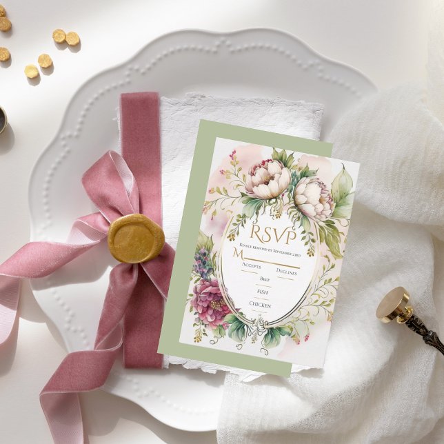 Cartão RSVP Casamento Russo Romântico Elegante Sage (Criador carregado)