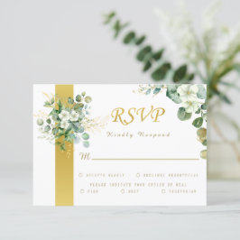 Cartão RSVP Casamento Russo Verde Dourado Eucalyptus Wreath Sa