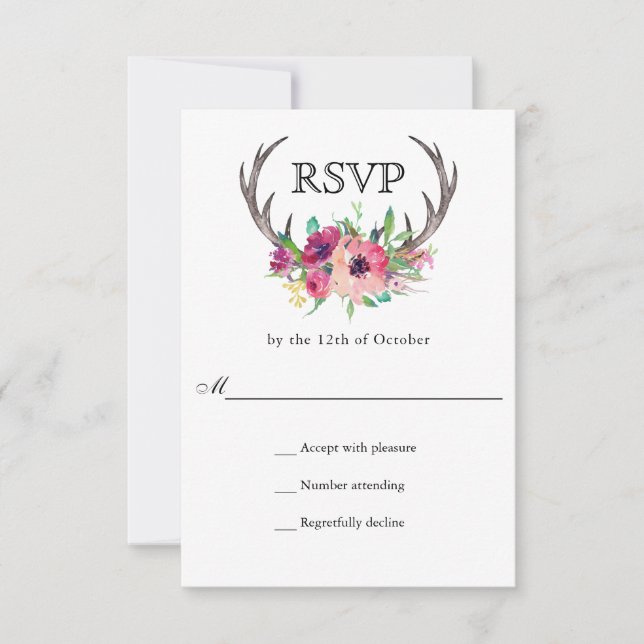 Cartão RSVP Casamento Rustic Antlers Boho Floral Allure (Frente)