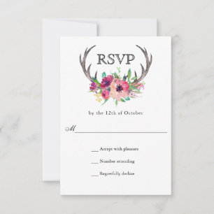 Cartão RSVP Casamento Rustic Antlers Boho Floral Allure