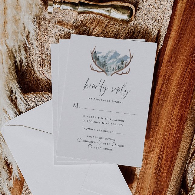 Cartão RSVP Casamento Rustic Antlers Mountain (Criador carregado)