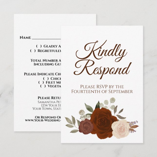 Cartão RSVP Casamento Rustic Autumn Floral Rust Orange Rosas (Frente/Verso)