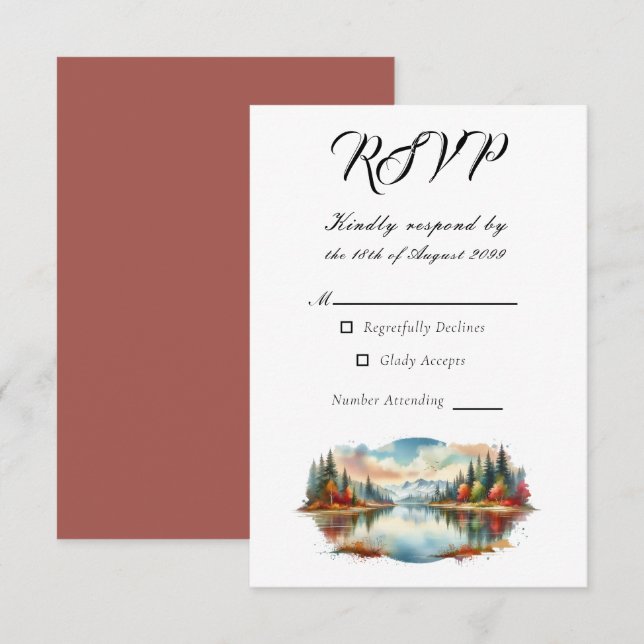 Cartão RSVP Casamento Rustic Autumn Lakeside Forest (Frente/Verso)
