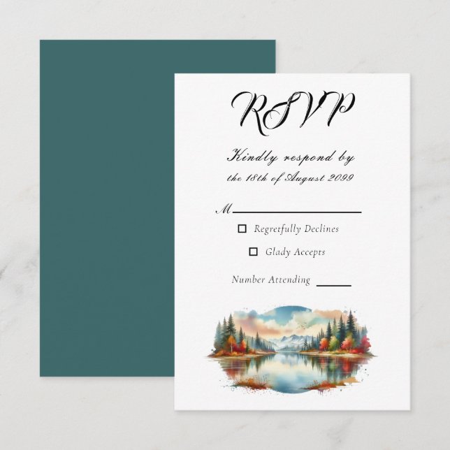 Cartão RSVP Casamento Rustic Autumn Lakeside Forest (Frente/Verso)