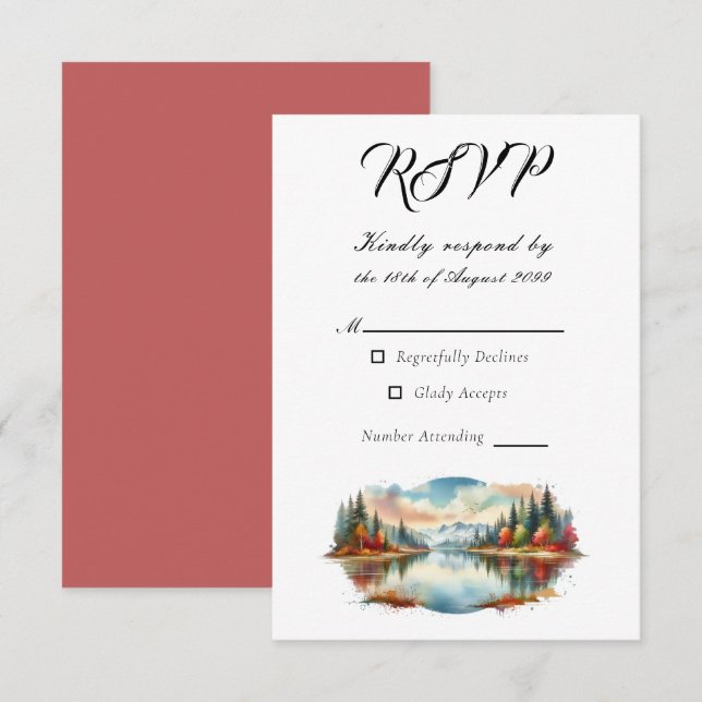 Cartão RSVP Casamento Rustic Autumn Lakeside Forest (Frente/Verso)