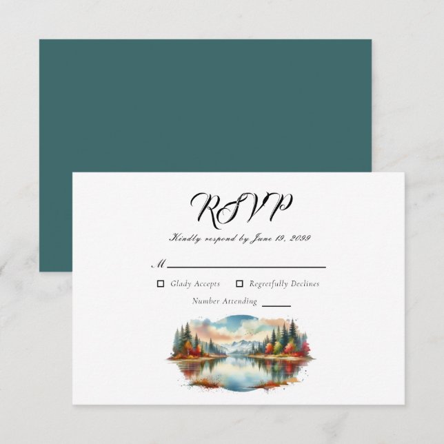 Cartão RSVP Casamento Rustic Autumn Lakeside Forest (Frente/Verso)