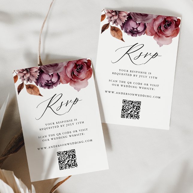 Cartão RSVP Casamento Rustic Autumn Marsala Floral Código QR (Criador carregado)
