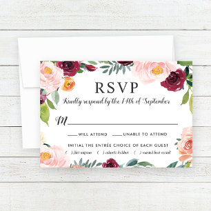 Cartão RSVP Casamento Rustic Blush Burgundy Floral Wreath