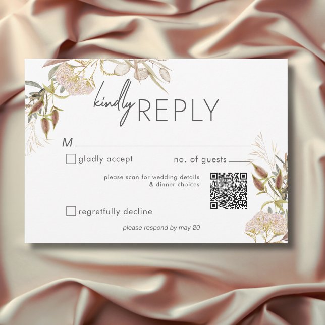 Cartão RSVP Casamento Rustic Boho Delicate Fall Selvagens (Rustic Boho Delicate Fall Wildflowers Wedding QR Code RSVP Card)