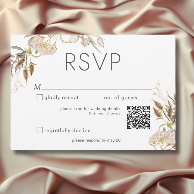 Cartão RSVP Casamento Rustic Boho Delicate Fall Selvagens (Rustic Boho Delicate Fall Wildflowers Wedding QR Code RSVP Card)