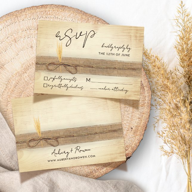 Cartão RSVP Casamento Rustic Boho Faux Pampass Grass Eco Wood (Criador carregado)