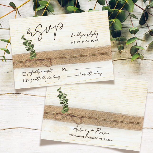 Cartão RSVP Casamento Rustic Boho Floral Eco Wood Eucalyptus (Criador carregado)