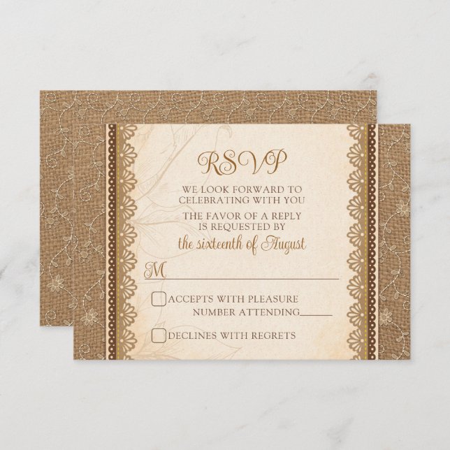 Cartão RSVP Casamento Rustic Burlap Lace (Frente/Verso)