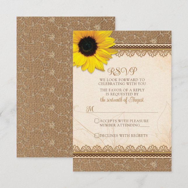 Cartão RSVP Casamento Rustic Burlap Lace Sunflower (Frente/Verso)