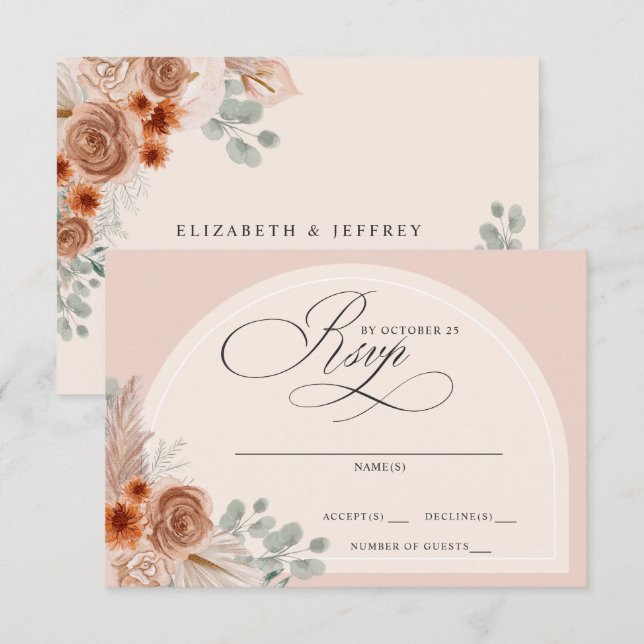Cartão RSVP Casamento Rustic Calliografia Boho Terracotta Pamp (Frente/Verso)