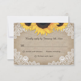 Cartão RSVP Casamento Rustic Chic Wood Lace Sunflower