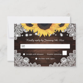 Cartão RSVP Casamento Rustic Chic Wood Lace Sunflower