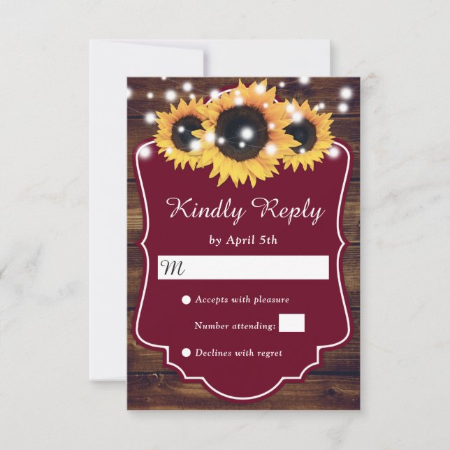 Cartão RSVP Casamento Rustic Country Burgundy Wood Sunflower (Frente)