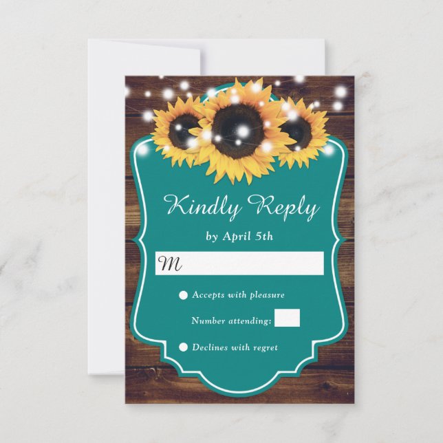 Cartão RSVP Casamento Rustic Country Teal Wood Sunflower (Frente)