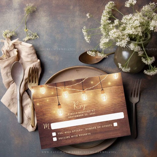 Cartão RSVP Casamento Rustic Country Wood String Luzes (Criador carregado)