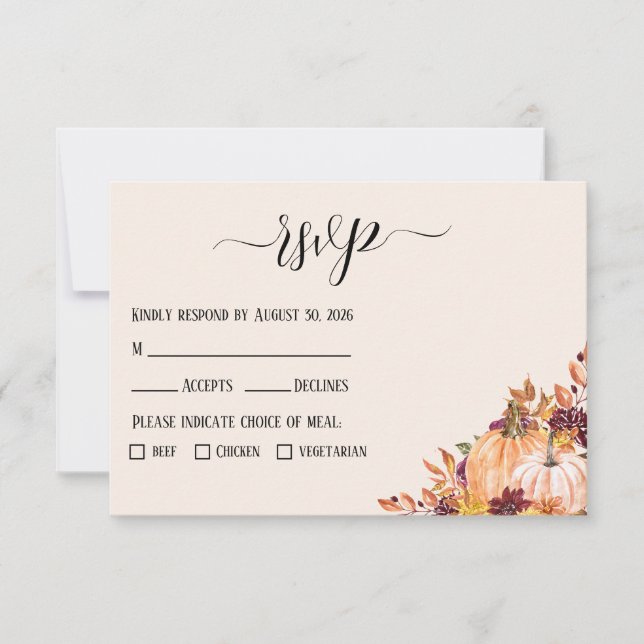 Cartão RSVP Casamento Rustic Fall Pumpkin com Opções de Refeiç (Frente)