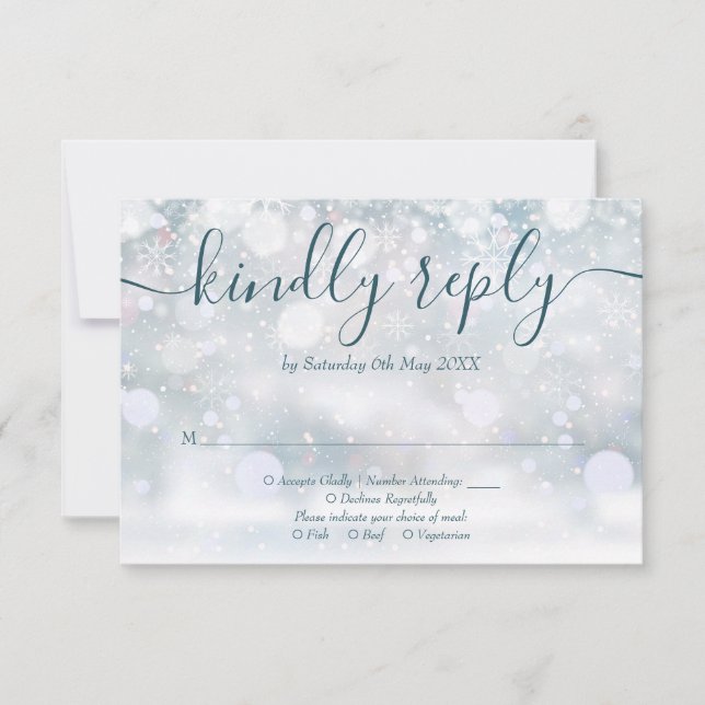 Cartão RSVP Casamento Rustic Floral Winter Snowflakes (Frente)