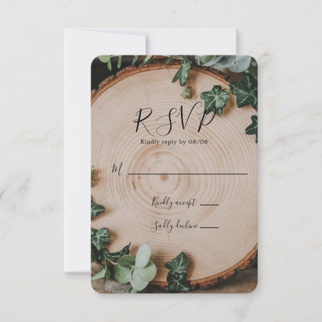 Cartão RSVP Casamento Rustic Greenery & Wood Slice (Frente)