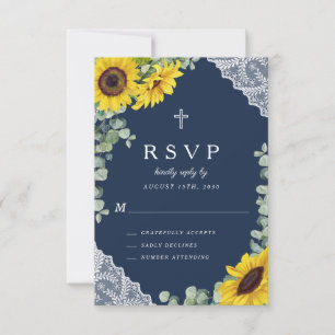 Cartão RSVP Casamento Rustic Marinho Blue Floral Sunflower