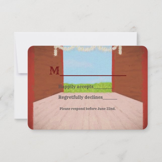 Cartão RSVP Casamento Rustic Red Barn and Daisies Country (Frente)