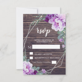 Cartão RSVP Casamento Rustic Silver & Purple Floral Barnwood