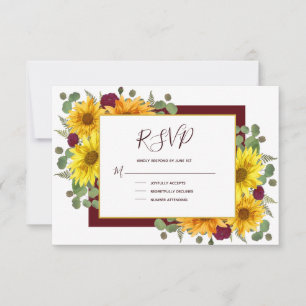 Cartão RSVP Casamento Rustic Sunflower Burgundy Rosas Country