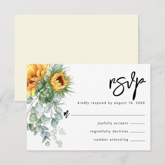 Cartão RSVP Casamento Rustic Sunflower Eucalyptus Greenery (Frente/Verso)