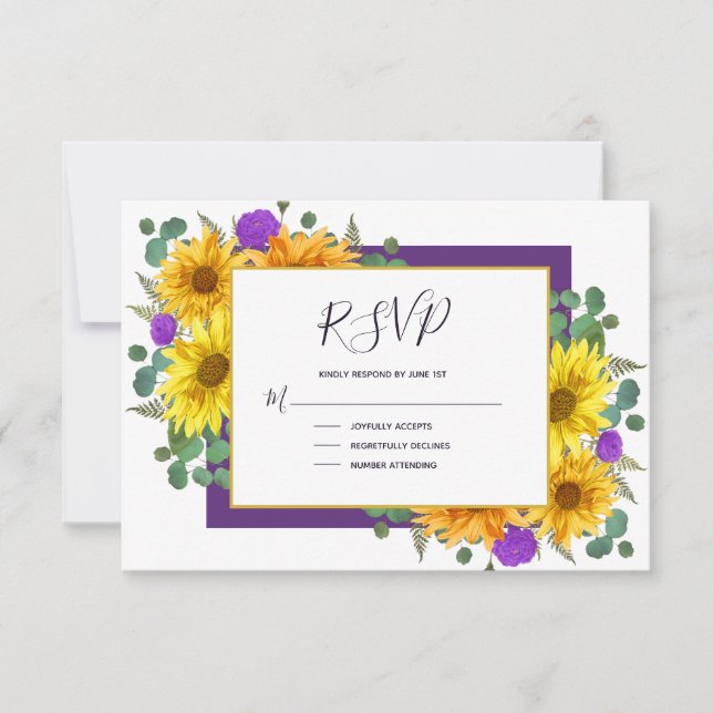 Cartão RSVP Casamento Rustic Sunflower Purple Rosa Country (Frente)