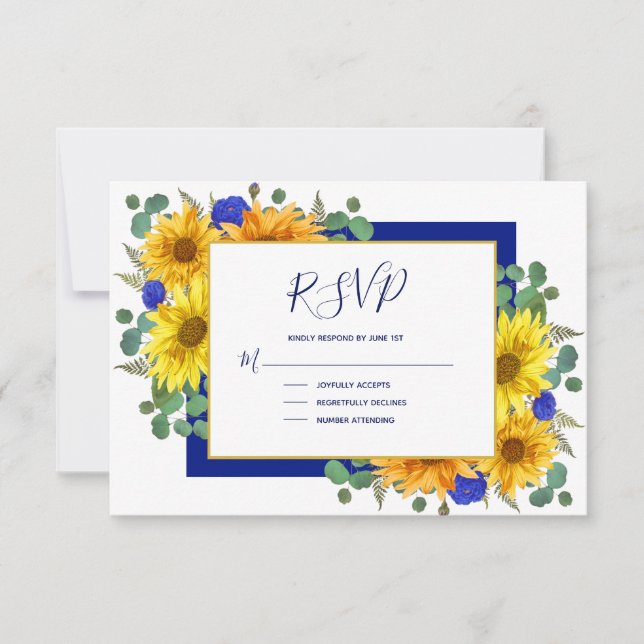 Cartão RSVP Casamento Rustic Sunflower Royal Blue Country (Frente)