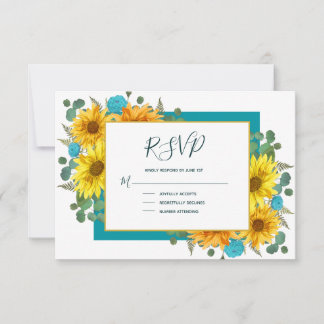 Cartão RSVP Casamento Rustic Sunflower Teal Blue Rosa Country
