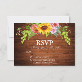 Cartão RSVP Casamento Rustic Sunflower Wood