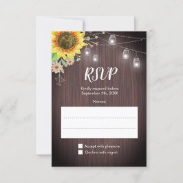Cartão RSVP Casamento Rustic Sunflower Wood Jar Lights