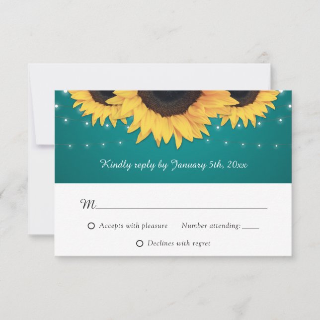 Cartão RSVP Casamento Rustic Teal Sunflower (Frente)