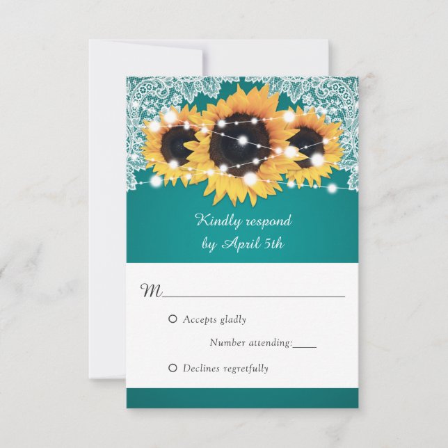 Cartão RSVP Casamento Rustic Teal Sunflower (Frente)