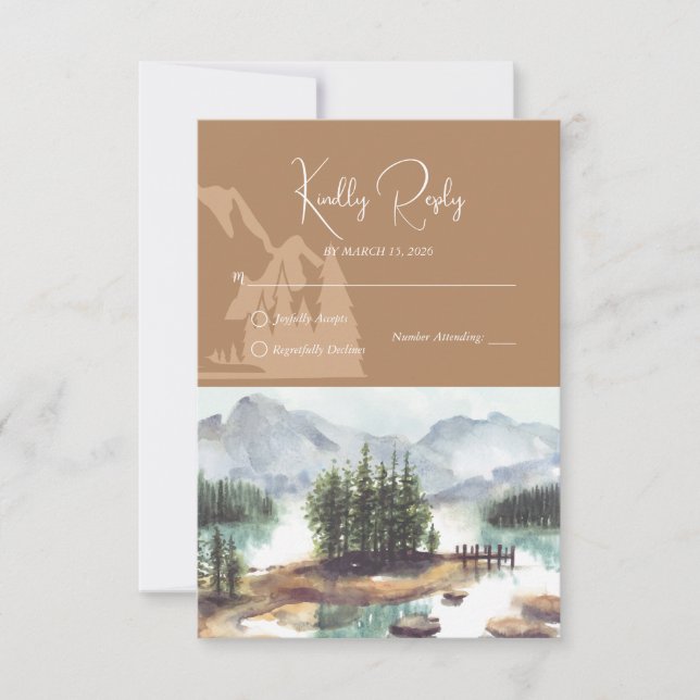 Cartão RSVP Casamento Rustic Watercolor Mountain Lake (Frente)